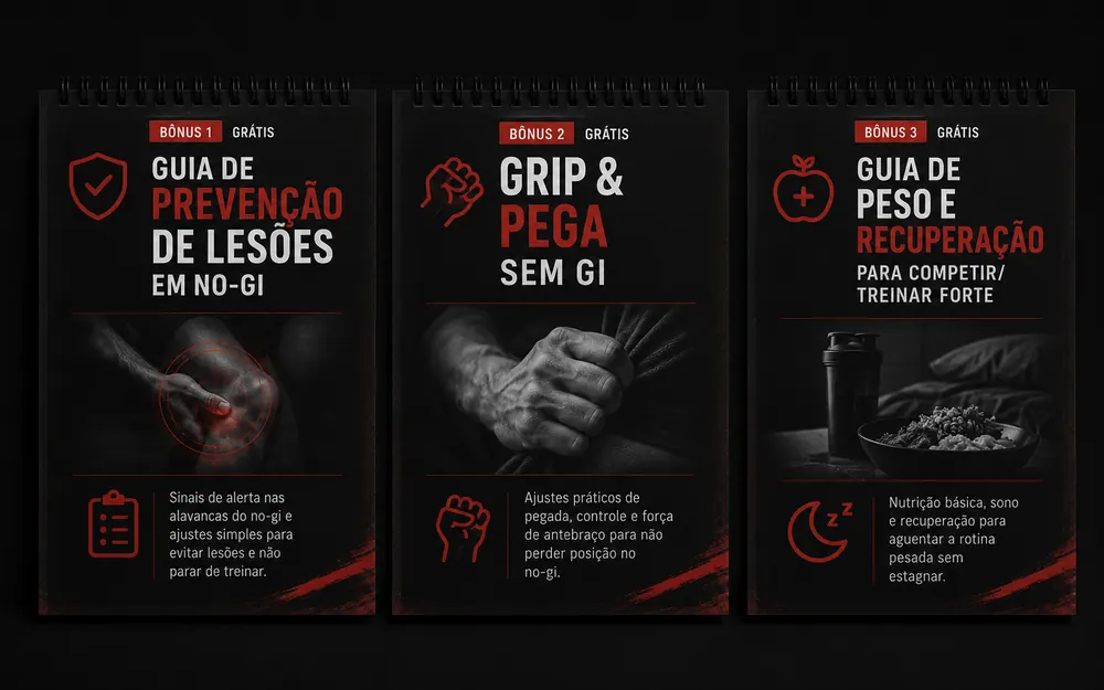 Mockups dos três bônus: Guia de Prevenção de Lesões, Grip & Pega Sem Gi e Guia de Peso e Recuperação